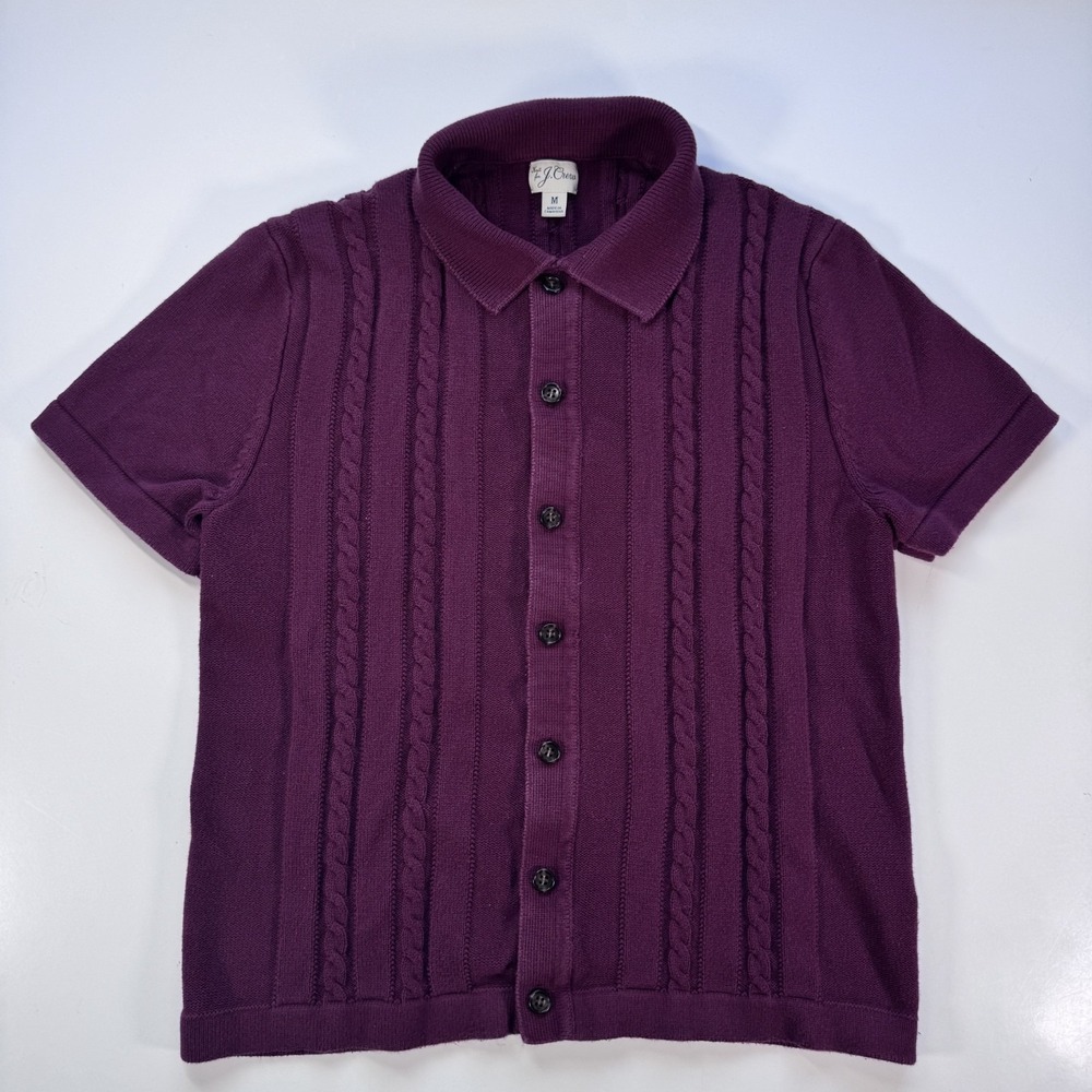 J CREW Short Sleeve Cotton Cable Knit Cardigan Sweater Polo Mens Medium Maroon